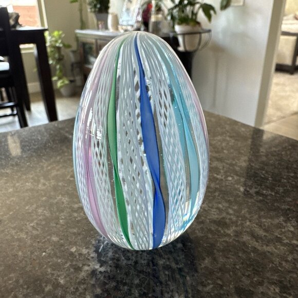 Vtg Murano Egg Shape Multi-Color Ribbon Latticino Glass Paperweight GORGEOUS - Picture 5 of 10